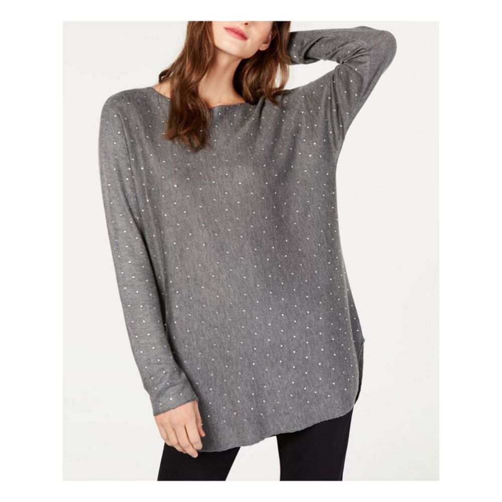 INC Womens Gray Embellished Long Sleeve Jewel Neck Sweater XS